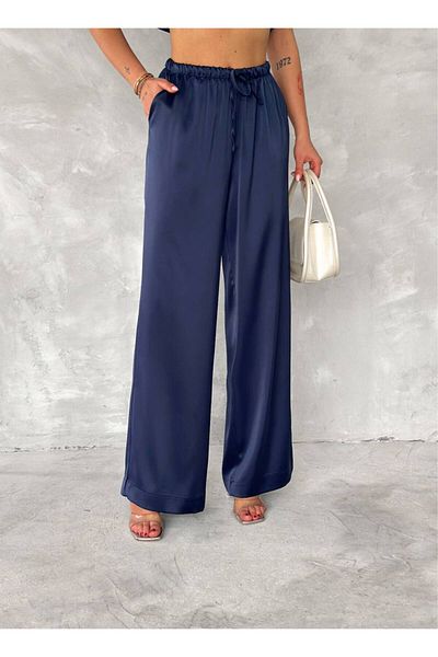 Stil Sepeti Women's Navy Blue Elastic Waist Loose Cut Satin Trousers Tl- 100080169