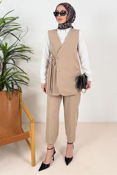Bestenur Canvas Vest & Trousers Double Set (1395) Stone Color
