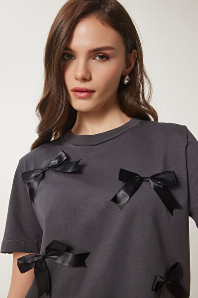 Lovelyİstanbul Cotton Bow T-Shirts Anthracite Lcr0028