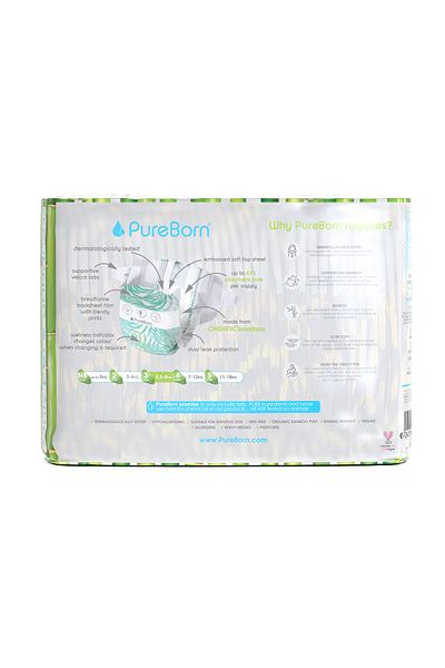 PUREBORN Organic Diapers Size 3 For 5.5-8 Kg Single Pack 28pcs with Leopard Print