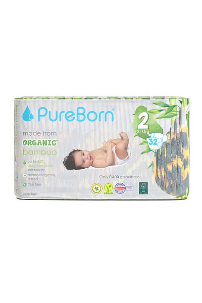 PUREBORN Size-2 Organic Diapers 3-6Kg 32's-Single Pack Assorted