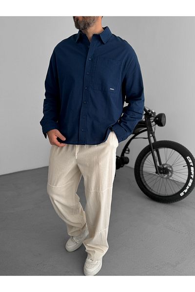 BYBASICMAN Navy Blue Single Pocket Embossed Boxy Fit Shirt Jj-183