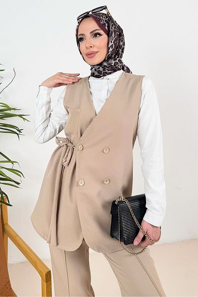 Bestenur Canvas Vest & Trousers Double Set (1395) Stone Color
