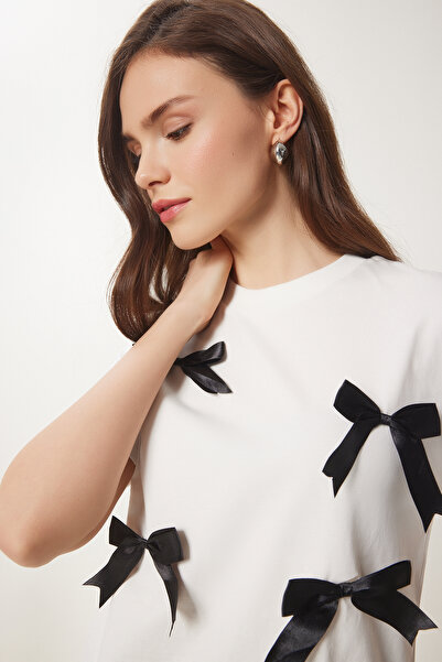 Lovelyİstanbul Cotton Knitted T-Shirt Bow Ecru Lcr0028