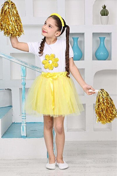 nacar çarşı تي شيرت بناتي أصفر منقوش عليه زهور تنورة توتو صفراء 23 أبريل 29 أ...