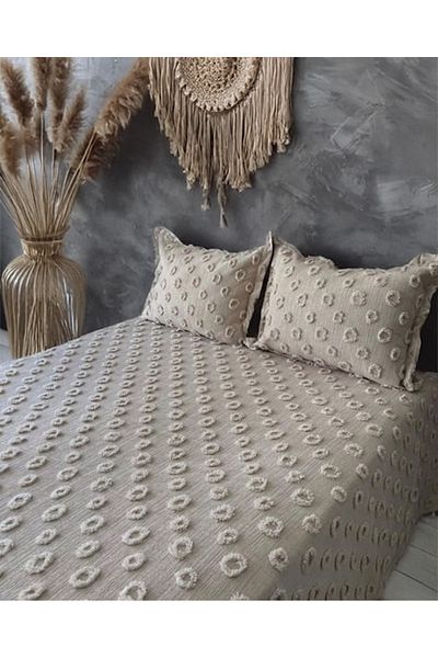 EVYA 100% Cotton Pompom Pique Set Double 200X230 cm Soft Breathable Summer Bedspread