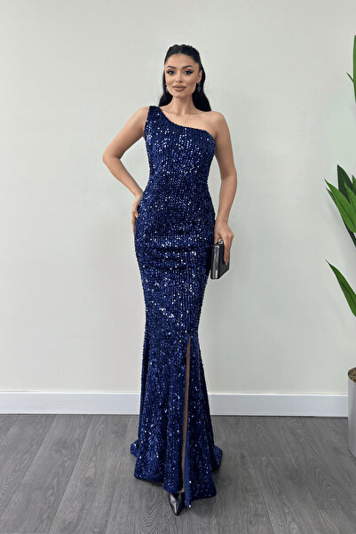 giyimmasalı Rochie de seara cu maneca singura din catifea cu paiete - ALBASTR...