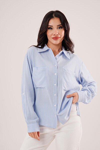 Hipo Trend Сорочка з смугастими рукавами та кишенями, синя