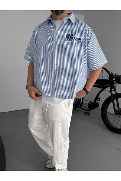 BYBASICMAN Dark Blue Old Printed Striped Shirt Jj-85