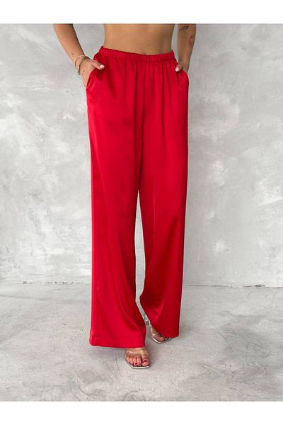 Stil Sepeti Pantaloni roșii din satin cu talie elastică pentru femei TL- 100080169