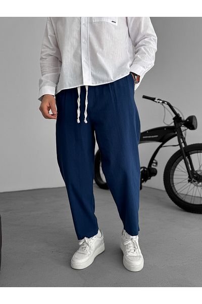 BYBASICMAN Navy Blue Loose Fit Linen Trousers Jj-181