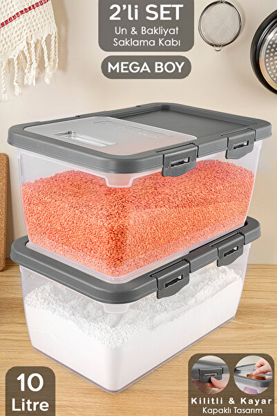 Meleni Home 2-Piece Pulses Storage Container with Sliding Lid - Multi-Purpose Locked Lid Erzak Sugar Flour Container Gray 10 Lt