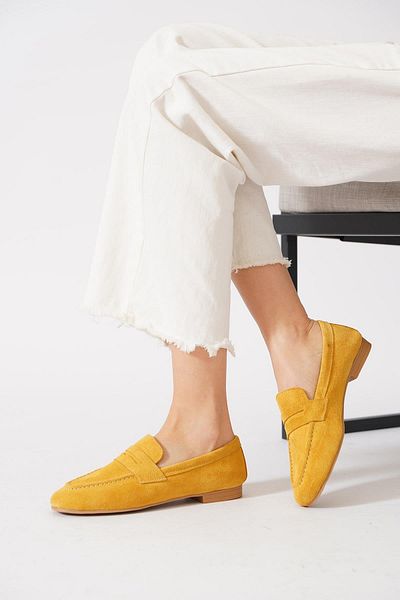 Moda Pie Lesvdes genuine leather women's flat belted loafer yellow suede