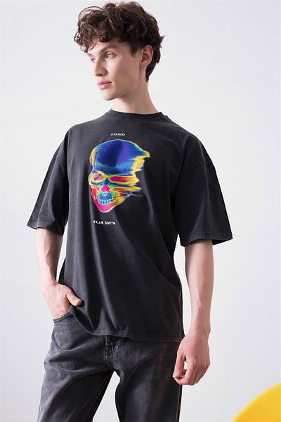 Trendiz Unisex Thermal Skull Washed Anthracite Tshirt