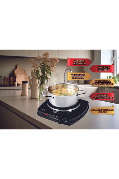Hausberg Plita electrica HB-519NG, Negru, 1 arzator, Putere 1500W, Termostat