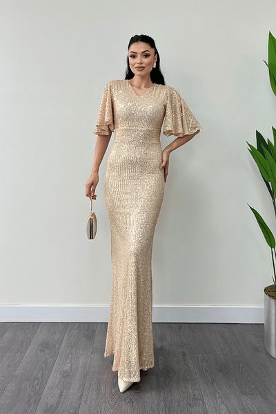giyimmasalı Rochie de seara din tesatura cu paiete cu decolteu in V - AUR