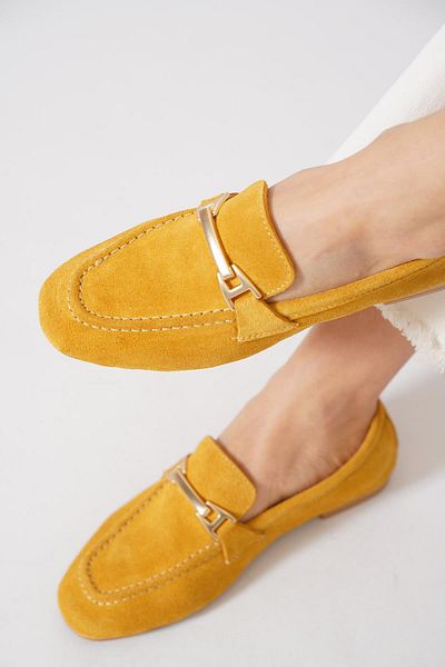 Moda Pie Vesder Buckle Loafer Genuine Leather Women's Ballerinas Yellow Suede