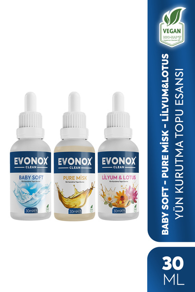 Evonox Clean Çamaşır Yün Kurutma Topu Esansı Koku Seti 30 ml - 3 Adet (LilyumLotus + Pure Misk + Baby Soft)