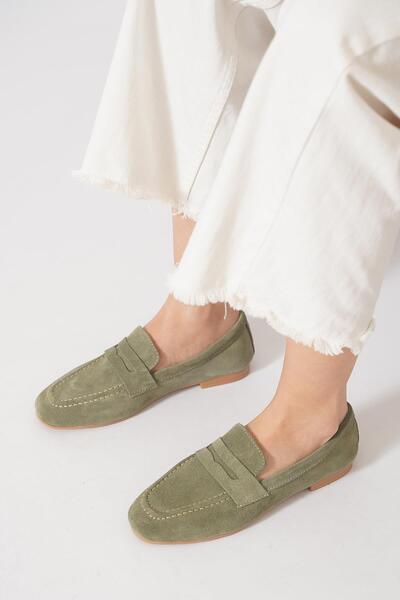 Moda Pie Lesvdes genuine leather women's belted loafer flat shoes in khaki suede