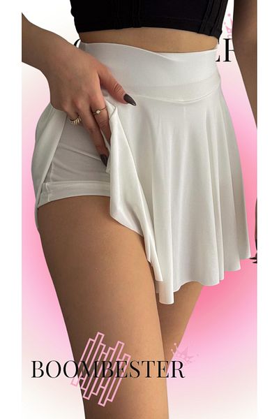 BoomBester Fusta de damă din țesătură nisipoasă cu pantaloni scurți plisați - alb cu talie elastică și pantaloni scurți interior