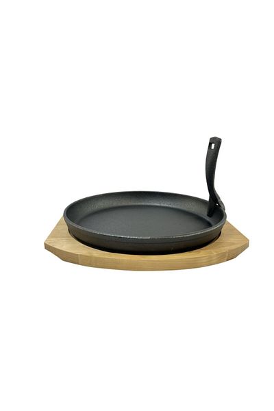 Parfait Ergonomic Handle Cast Iron Wooden Base Round Sizzling Serving Plate