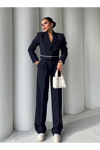 Genel Markalar Şerit Detaylı Kısa Ceket ve Yanları Bant Detaylı Palazzo Panto...