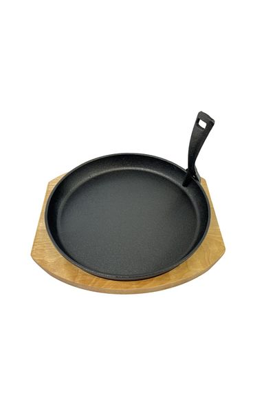 Parfait Ergonomic Handle Cast Iron Wooden Base Round Sizzling Serving Plate
