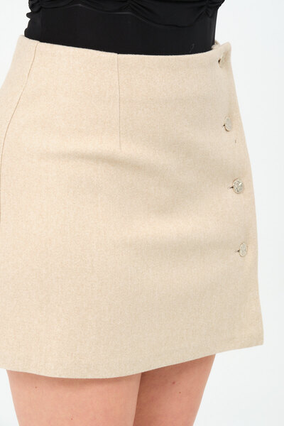 eva clothing Women's Beige Gold Button Detailed Stitched Skirt