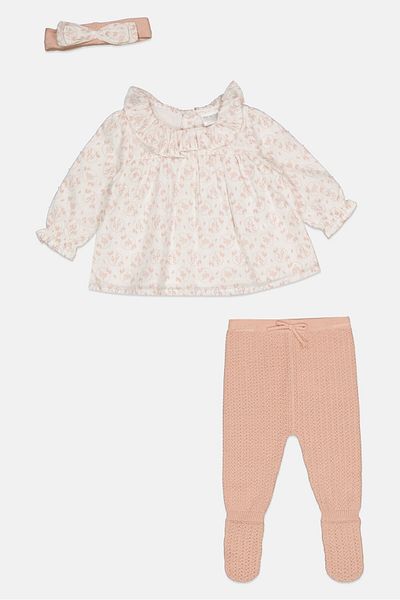 Rock A Bye Baby Boutique Toddlers Girl 3 Pieces Floral Print Top And Footed Tights With Headband Set, Rose Gold