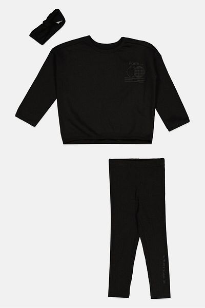 Fudo Toddlers Girl 3 Pcs Brand Logo Sweatshirt And Pants With Head Band Set, Black
