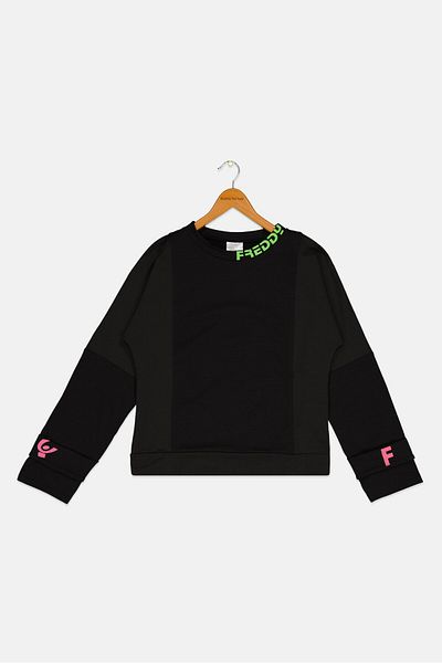 FREDDY Kids Girl Round Neck Long Sleeve Graphic Print, Black