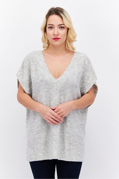 Etam Women V Neck Sleeveless Textured Sweater, Grey