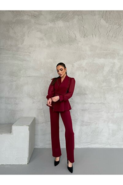 1Moda1Tarz Women's Imported Fabric Pleated Pearl Embroidered Sleeve Button Detailed Lined Special Design Bottom-Top Set