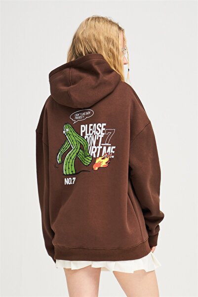Trendiz Unisex Brown Please Dont Hurt Me Printed Hooded Sweatshirt