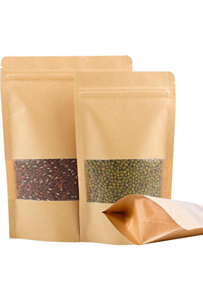 Dekals 10 Adet 13x22 Kraft Pencereli Kilitli Doypack Poşet Nem Ve Hava Geçirmez Gıda Ambalajı