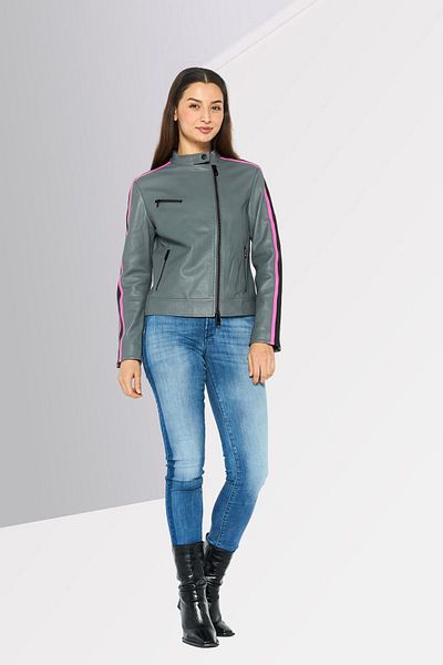 Emporio Armani Women Plain Motorcycle Jacket, Grey Combo