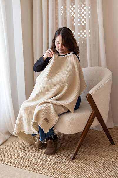 ZEYPBA Bej 4 Katlı Müslin Emzirme Örtüsü & Puset Örtüsü Püsküllü