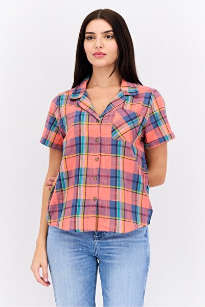 Swiss Alps Women Notched Collor Short Sleeves Plaid Shirt, Multicolor