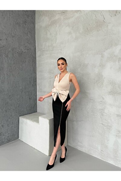 1Moda1Tarz Γυναικείο φόρεμα με λεπτομέρεια από κορδέλα με επένδυση από εισαγόμενο ύφασμα ειδικής σχεδίασης