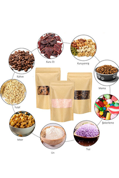 Dekals 10 Adet 13x22 Kraft Pencereli Kilitli Doypack Poşet Nem Ve Hava Geçirmez Gıda Ambalajı