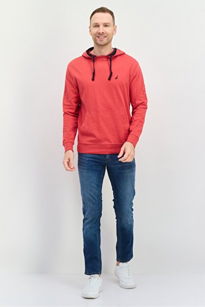 Nautica Men Hooded Brand Logo Long Sleeves Sweatshirt, Red