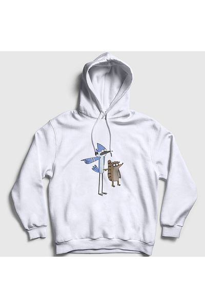 Presmono Unisex Λευκό φούτερ με κουκούλα Mordecai και Rigby Regular Show - 449650 ττ