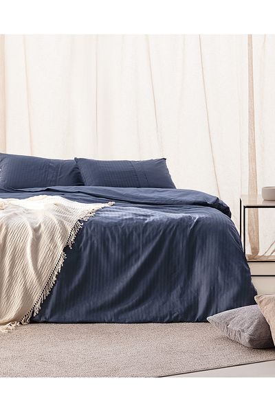 Madame Coco Adrien King Size Striped Duvet Cover Set - Navy Blue