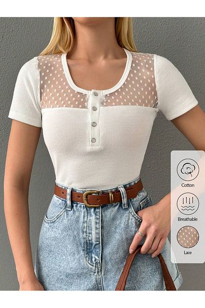 cool lock Women's Collar and Back Tulle Detail Bluz