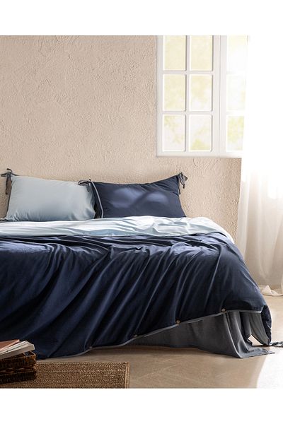 Madame Coco Aimon Double Duvet Cover Set - 100% Cotton, Laced, Washed Blue/Navy Blue