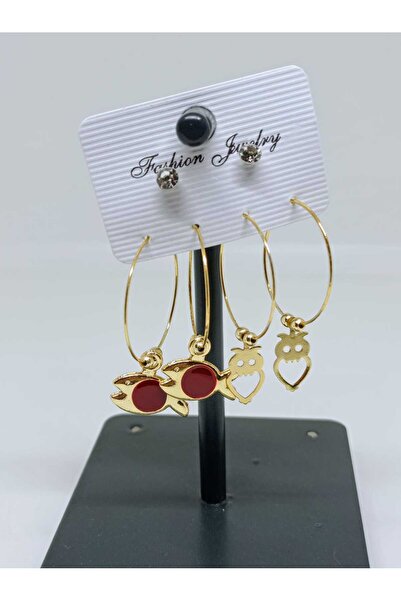 mama india alaçatı Gold Color Zircon Stone Fish and Owl Figured 6'Li Hoop Ear...