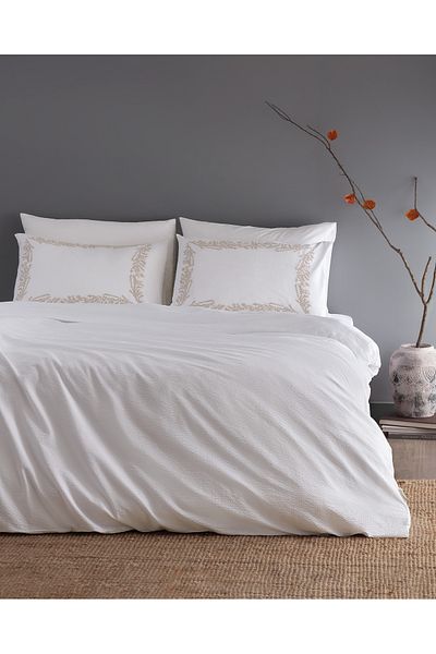 Madame Coco Linda White/Beige 100% Cotton Embroidered Washed Seersucker Duvet Cover Set