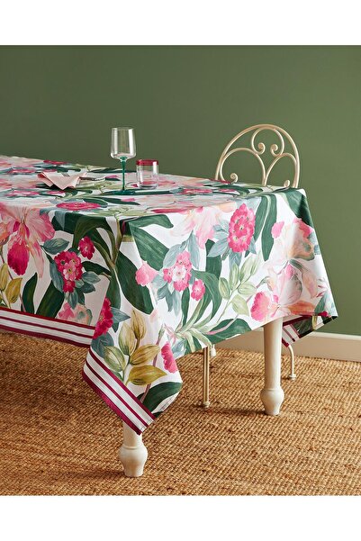 Madame Coco Flora Polycotton Masa Örtüsü - Koyu Pembe - 160x250 cm