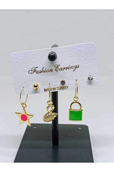 mama india alaçatı Gold Color Zircon Stone Star, Swan and Lock Figured 6'Li H...