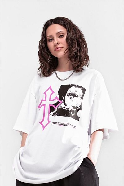 Trendiz Unisex Gothic Pink Cross Tshirt Λευκό